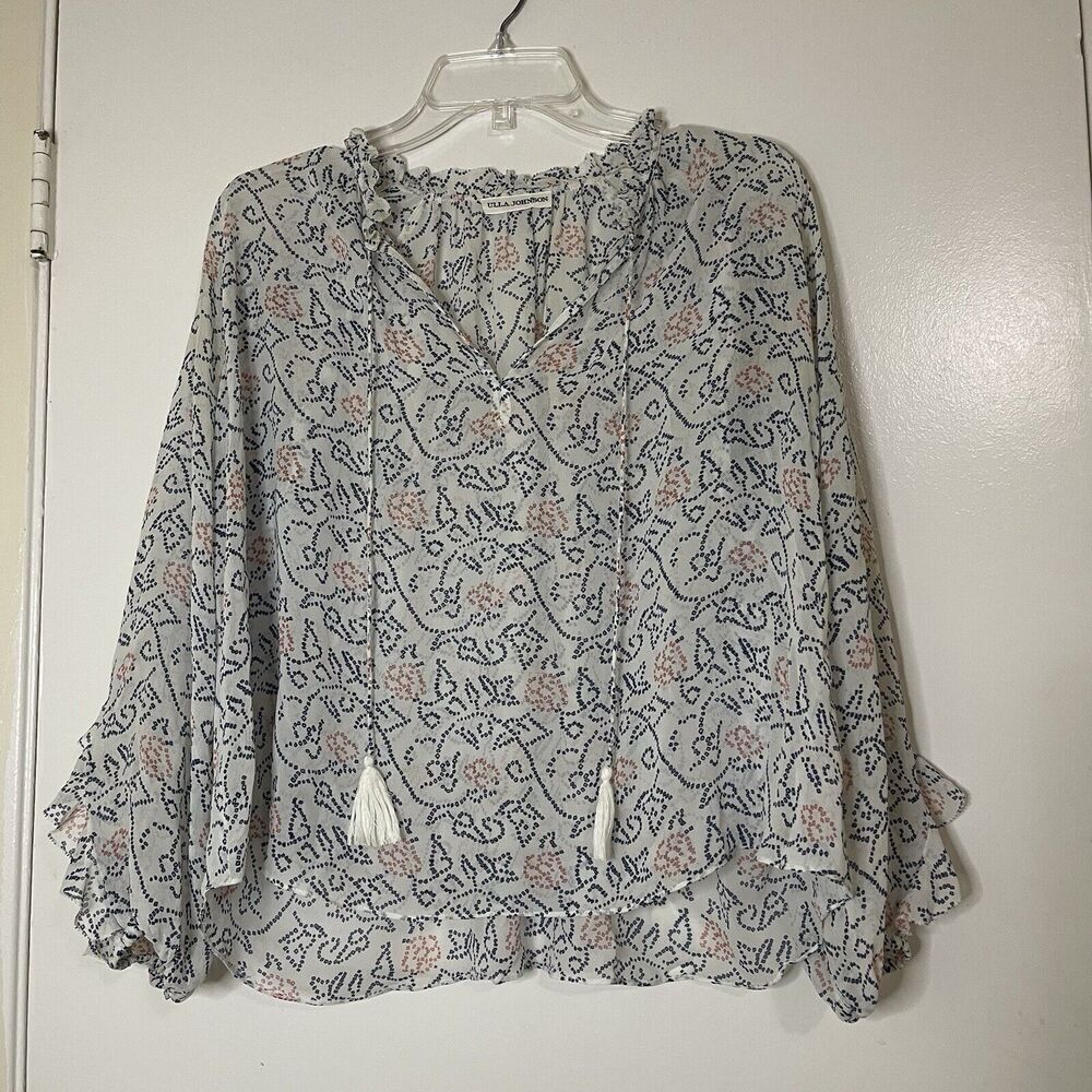 ULLA JOHNSON White Blue Silk Miren Tassel blouse top size 4 - Picture 2 of 7